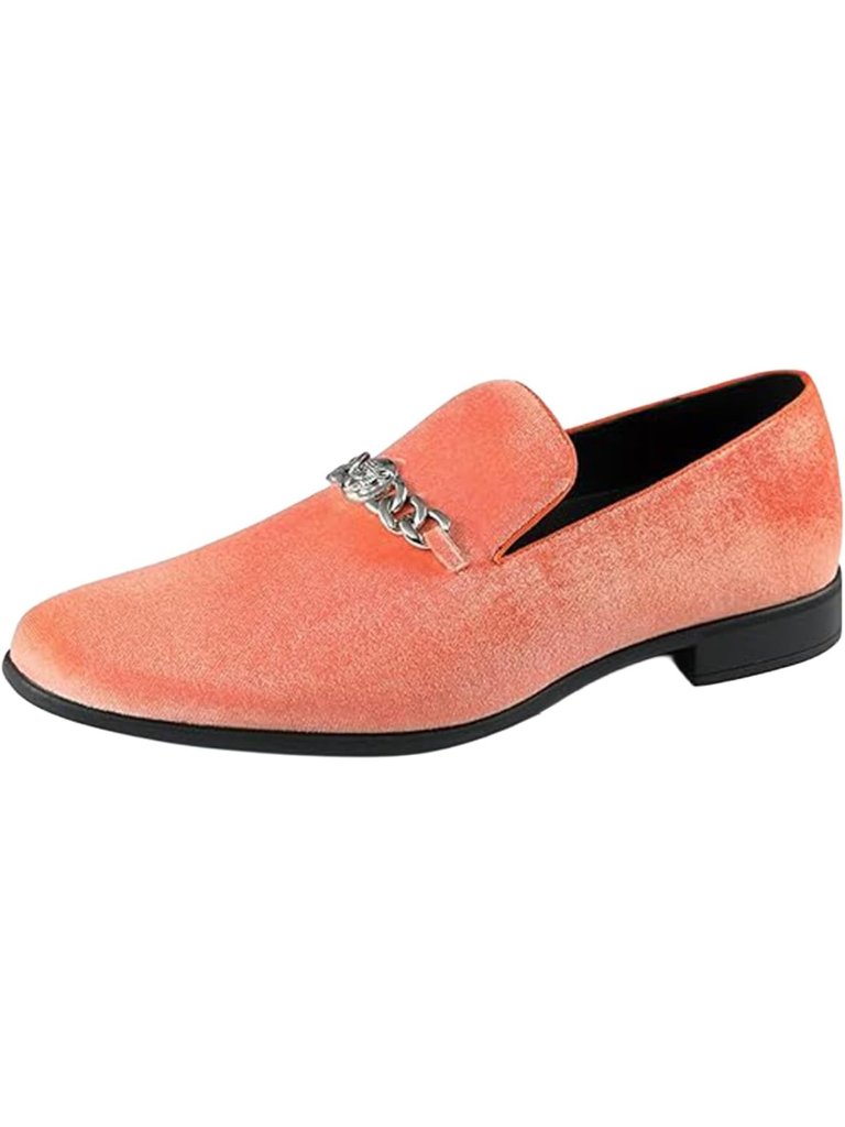 Amali Men's Orange Velvet Loafer Metal Chain Buckle Slip On Smoking Tuxedo Shoes